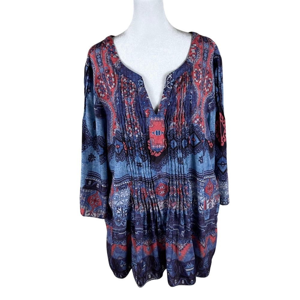 Hemant & Nandita Tunic Top Womens XL Blue‎ Red Boho Tribal Pintuck Split V-Neck